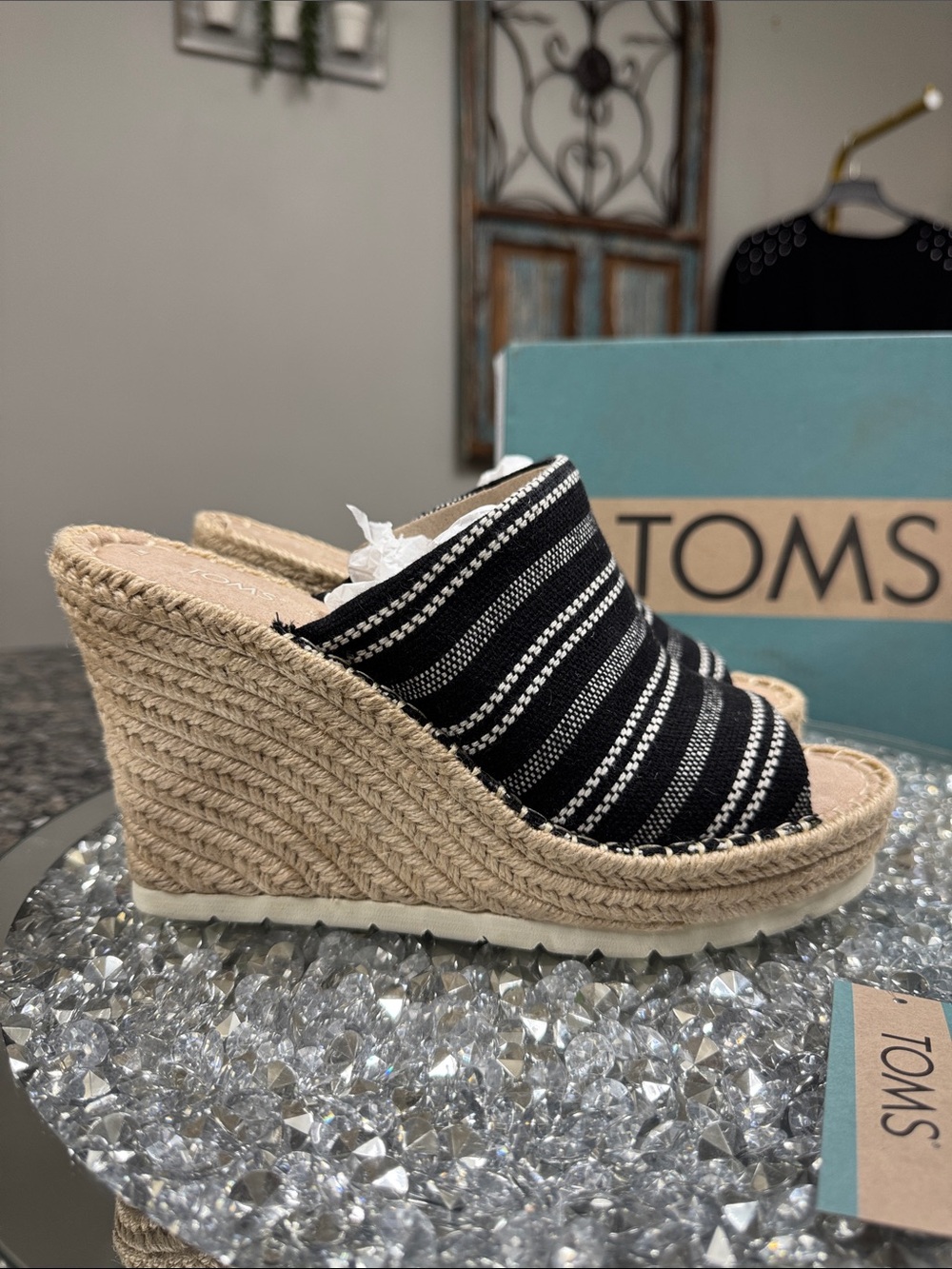 TOMS Monica Mule Black and White Striped Espadrille Wedge Slides NEW 7.5